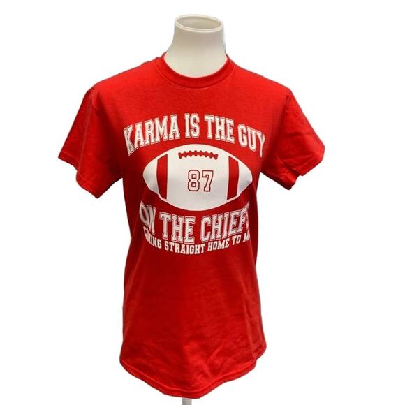 New Hand Printed Small Swift Karma is the 87 Guy on the Chiefs Superbowl Tee - Picture 1 of 5